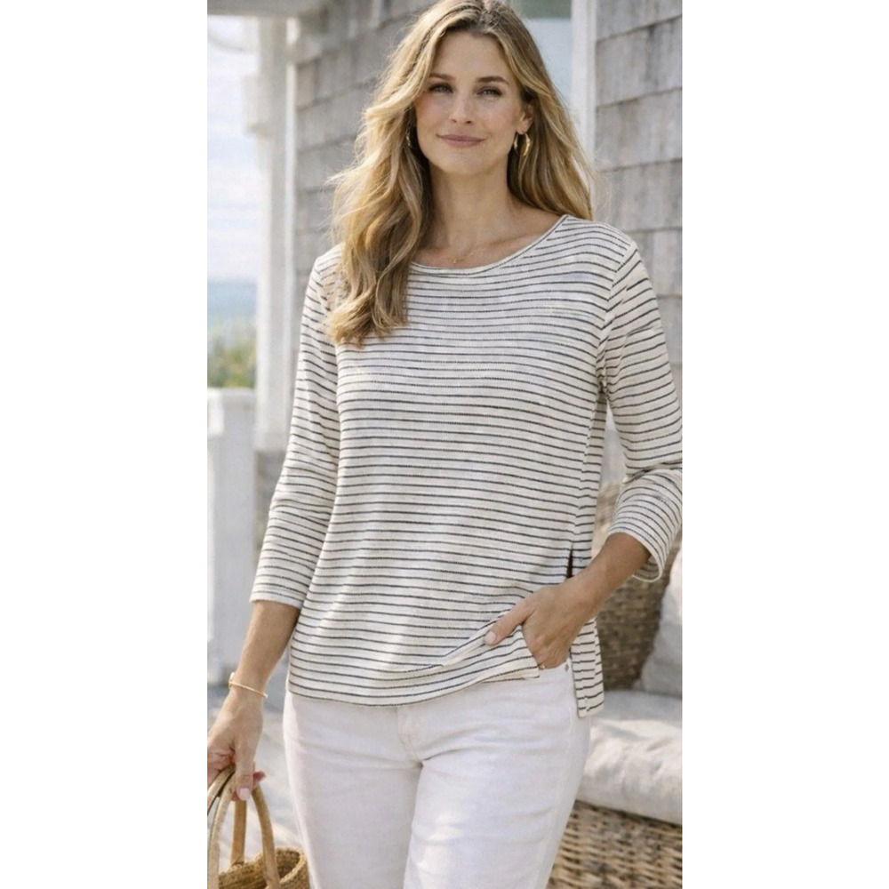 J Jill Wearever Tunic Top Stripe Long Sleeve Side Slit LARGE Rayon Lycra
